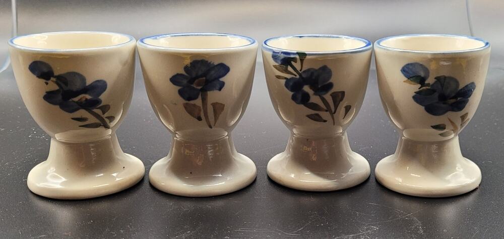 Vintage Scandinavian set of 4 blue and white floral design ceramic egg cups